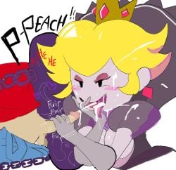 1boy 1girls blonde_hair breasts chains clothing cum_in_mouth cumshot dominant_female evil_grin female femdom forbiddenchees8 handjob male mario mario_(series) pale_skin paper_mario paper_mario:_the_thousand-year_door princess_peach shadow_peach shadow_queen shadow_siren