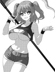 belt breasts collarbone commentary cowboy_shot female grin holding holding_scythe komachi_onozuka large_breasts looking_at_viewer medium_hair monochrome navel onkn_sxkn onozuka_komachi scythe shorts simple_background smile solo tank_top touhou two_side_up white_background