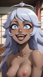 :d ai_generated blue_eyes blue_hair blush colored_skin dark-skinned_female emily_(hazbin_hotel) fangs gehenna_fusion(model) halo hazbin_hotel indoors lipstick looking_at_viewer marusame medium_breasts nipples nude open_mouth smile stable_diffusion teeth tongue upper_body wide_eyed window