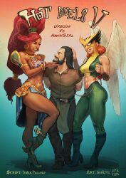 1boy 2girls big_breasts black_hair bonete breasts breath_of_the_wild clothed clothed_female clothed_male comic cover_page crossover dark_piccolo dc_comics eastern_and_western_character gerudo hawkgirl nintendo red_hair standing superheroine the_legend_of_zelda urbosa