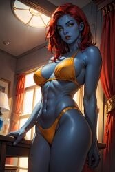 1girls abs ai_generated big_breasts bikini blue_body blue_skin breasts female female_only large_breasts marvel marvel_comics muscles muscular muscular_arms muscular_female mystique raven_darkholme red_hair solo solo_female swimsuit thick_thighs vitoryt x-men