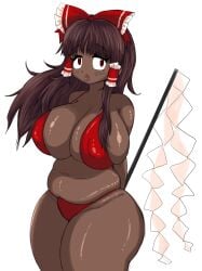 alternate_skin_color beanroll big_breasts bikini brown_hair dark-skinned_female dark_skin long_hair reimu_hakurei simple_background touhou