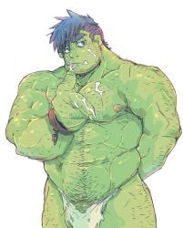 1boy abs bamseeeee bara beard_stubble blue_hair colored_skin cum cum_on_body cum_on_male cum_on_pectorals facial flaccid green_skin hairy head_tilt highres huge_eyebrows large_hands large_pectorals leg_hair licking licking_cum loincloth looking_at_viewer male_focus male_only monster_boy muscular muscular_male navel navel_hair nipples orc original pectorals penis penis_peek pointy_ears sanpaku short_hair sideburns solo solo_male sparse_arm_hair sparse_chest_hair sparse_leg_hair stomach strongman_waist thick_eyebrows thick_thighs thighs topless_male tsurime tusks