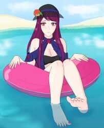 1girls alternate_costume alzar barefoot beach beauty_mark blue_one-piece_swimsuit blue_swimsuit breasts cleavage feet female female_only fire_emblem fire_emblem_engage fire_emblem_heroes hat innertube ivy_(fire_emblem) ivy_(summer)_(fire_emblem) large_breasts long_hair mole mole_under_mouth nail_polish nintendo ocean official_alternate_costume one-piece_swimsuit outdoors pink_eyes pink_nails purple_hair smile solo sun_hat swimsuit very_long_hair water