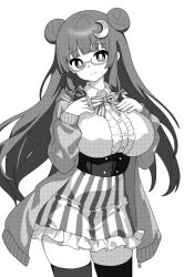 blunt_bangs bow bowtie breasts closed_mouth collared_shirt double_bun female glasses greyscale hair_bun large_breasts long_hair long_sleeves looking_at_viewer monochrome onkn_sxkn patchouli_knowledge shirt smile solo thighhighs touhou