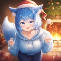 1girls agamou ai_generated aigbrea bent_over blue_eyes blue_hair christmas christmas_tree fireplace fox_ears fox_girl fox_tail fully_clothed large_breasts nipple_bulge presents santa_hat smile