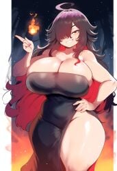 ai_generated ameanon black_dress dark_hair female fire large_breasts sorceress sorceress_sophia thick_thighs villainess witch