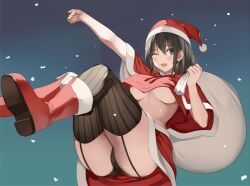 ;) blue_eyes breasts brown_hair christmas crop_top garter_straps kureha_(ironika) panties santa_hat skirt thighs tsubasa_(kureha) underboob upskirt