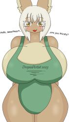 apron apron_only barely_clothed big_breasts breasts breasts_bigger_than_head dropedartist furry furry_ass furry_breasts furry_ears furry_female furry_only huge_breasts looking_at_viewer made_in_abyss nanachi smile smiling smiling_at_viewer talking talking_to_viewer text thin_waist