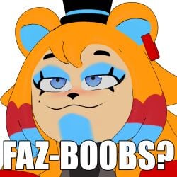 bear bear_ears blonde_hair blue_eyes blushing five_nights_at_freddy's five_nights_at_freddy's:_security_breach fnaf glamrock_freddy_(fnaf) grin hat larger_female meme nightbotgrey rule_63 solo tophat