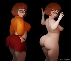 big_ass big_butt blush bob_cut brown_eyes brown_hair buttyseeker clothed_and_nude_version crop_top glasses scooby-doo side_view skirt velma_dinkley