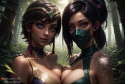 2girls ai_generated akali asymmetrical_docking big_breasts black_hair breast_press breast_squeeze breasts brown_hair cleavage close-up dark-skinned_female dark_skin diffusion34 duo duo_female duo_focus eyebrows eyelashes female female_focus forest gem hair hair_ornament hair_ribbon human jewel jewelry jungle karma_(league_of_legends) large_breasts league_of_legends light-skinned_female light_skin lips looking_at_viewer mask masked masked_female mouth_mask outdoors outside ponytail red_eyes riot_games self_upload short_hair smile standing tiara tree trees upper_body yuri