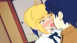 3d artoria_pendragon artoria_pendragon_(fate) blonde_hair cuckold fate/stay_night fate_(series) french_kiss green_eyes kissing koikatsu lordem matou_shinji netorare pleasure_face saber sucking_tongue tongue_sucking