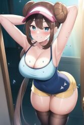 1girls ai_generated armpit_fetish armpits arms_behind_head arms_up blue_eyes blush booty_shorts breasts brown_hair female female_only game_freak hat hips large_breasts light-skinned_female light_skin long_hair looking_at_viewer nai_diffusion nintendo pokemon pokemon_bw2 rosa_(pokemon) short_shorts shorts slim_waist smile sport_shorts sportswear stable_diffusion sweat sweaty_body tank_top thick_thighs thighs twin_buns twintails voluptuous wide_hips