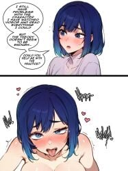 1girls ahe_gao ai_generated before_and_after big_breasts blue_hair blush dialogue helping josskier kurokawa_akane light_skin moaning nervous oshi_no_ko pleasured practice sex short_hair teaching text text_bubble