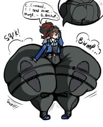 ass_bigger_than_head ass_bigger_than_torso ass_expansion ass_focus ass_growth big_ass big_butt black_hair cop huge_ass huge_thighs hyper hyper_ass hyper_butt hyper_hips hyper_thighs police police_uniform policewoman radio red_streak skellyton thick_thighs thigh_focus town_of_skeles white_background zenless_zone_zero zhu_yuan