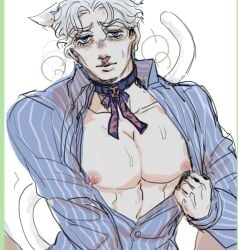 adsword blush buff_twink cat_ears cat_humanoid cat_tail catboy chest_exposed collar diamond_is_unbreakable jojo's_bizarre_adventure kira_yoshikage lactating_nipples large_pecs looking_at_viewer male male_focus male_lactation male_only neckerchief necktie open_shirt pecs pectorals pink_nipples submissive_male swollen_chest swollen_nipples unbuttoned_shirt yoshikage_kira