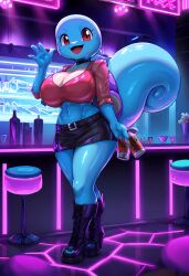 ai_generated anthro anthro_only anthrofied bar big_breasts blue_body blue_skin boots breasts busty cleavage crop_top curvaceous curvy curvy_body curvy_female curvy_figure deep_navel female female_anthro female_focus female_only furry furry_female furry_only generation_1_pokemon high_heel_boots high_heels hips javvy leather leather_boots leather_clothing midriff miniskirt navel neon_lights nintendo oiled oiled_body oiled_skin one_hand_up pokémon_(species) pokemon pokemorph shell shiny_skin squirtle stable_diffusion tail thick_thighs thighs turtle_shell voluptuous voluptuous_female wide_hips