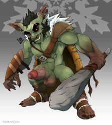 abs anthro balls biceps bodily_fluids claws genital_fluids genitals goblin goblin_male green_body green_skin hi_res humanoid humanoid_pointy_ears lustful_desires male male_only muscular muscular_anthro muscular_male nails narram nipples pecs penis precum sharp_nails solo vein veiny_penis