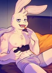 bed blue_eyes bulge game_controller i_think_i_like_you i_think_i_like_you_(artist) looking_at_viewer muscular muscular_male non-human non-human_only quality rabbit sky_(i_think_i_like_you) underwear video_games