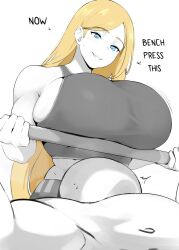 1boy1girl anon big_breasts blonde blonde_female blonde_hair blue_eyes enormous_breasts fit fit_female freya_(setawar) gigantic_breasts gym_uniform huge_breasts large_breasts russian russian_girl setawar_(coco) tanktop thin_waist white_skin