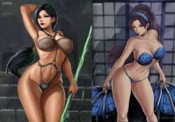 2girls athletic_female big_breasts black_hair bra brown_eyes cleavage female_abs female_only fit_female flowerxl green_eyes jade_(mk9) jade_(mortal_kombat) kitana kitana_(mk9) lingerie midway_games mortal_kombat mortal_kombat_(2011) panties pin_up underwear