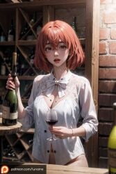 1girls ai_generated basement brown_eyes cloth clothed clothing coral_pink_hair depth_of_field female female_only girl hinata_tachibana luname mole mole_on_breast mole_under_eye open_mouth self_upload source_removed tokyo_revengers wine wine_bottle wine_glass