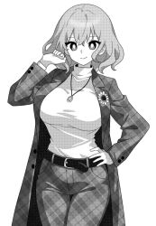 alternate_costume belt breasts closed_mouth cowboy_shot female greyscale jewelry kazami_yuuka large_breasts long_sleeves monochrome necklace onkn_sxkn pants short_hair simple_background smile solo sweater touhou white_background yuka_kazami yuuka_kazami