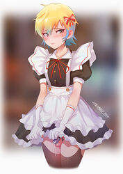 1boy balls blonde_hair bowtie cage chastity chastity_cage chastity_device crossdressing dress_lift dyed_hair femboy feminization girly gloves human human_only legwear maid maid_uniform multicolored_hair pale-skinned_femboy pale-skinned_male precum presenting sissy skirt_lift steamed_egg stockings tagme thighhighs trap