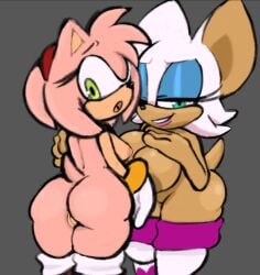 amy_rose anthro anthro_on_anthro areola ass bat breasts clothing duo eulipotyphlan female female/female genitals gloves handwear hedgehog hi_res lipstick makeup mammal narrowed_eyes neisucksatart nipples open_mouth pussy rouge_the_bat sega simple_background smile sonic_(series) sonic_the_hedgehog_(series) yuri