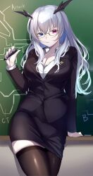 1girls big_breasts black_dress blue_eyes breasts chalk chalkboard dress glasses heterochromia holding_whip kairi_(miry666) large_breasts long_hair looking_at_viewer neo-porte painted_fingernails red_eyes teacher tentei_forte thighhighs virtual_youtuber whip white_hair