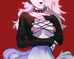 areola breasts canid canid_demon canine canis clothing collar demon female fur goth grey_body grey_fur hair hellhound helluva_boss iam3d long_hair loona_(helluva_boss) mammal navel nipples smile solo spiked_collar spikes white_body white_fur wolf