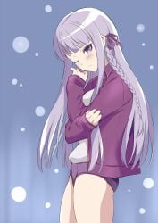 1girls breasts buruma danganronpa danganronpa:_trigger_happy_havoc female gym_uniform hair_ribbon jacket kirigiri_kyouko long_hair looking_at_viewer medium_breasts purple_buruma purple_eyes purple_hair purple_jacket shichimenchou single_braid solo thighs track_jacket