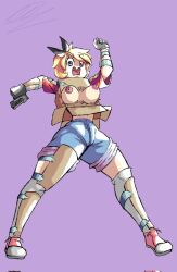 boxy_(fortnite) breasts_out clothes cosplay derpina exposed_breasts fortnite fortnite:_battle_royale rage_comics shorts surprised surprised_expression weapon