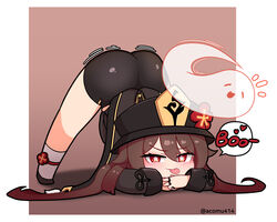 1girls all_fours ass ass_shake ass_up bent_over big_ass big_butt blush cute female genshin_impact ghost hat hi_res hu_tao_(genshin_impact) jack-o_pose red_eyes shorts smile split spread_legs tongue tongue_out top-down_bottom-up twintails