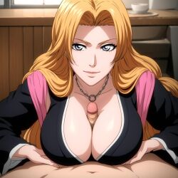 ai_generated between_breasts bleach blue_eyes clothed clothing huge_breasts large_breasts matsumoto_rangiku metalchromex orange_hair paizuri penis penis_between_breasts self_upload