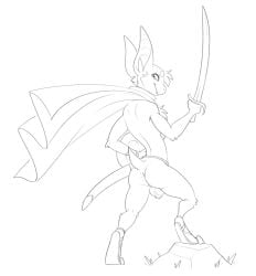 anthro anus ass backsack balls bat bat_ears belt bottomless bottomless_anthro bottomless_male buckler casual_exposure casual_nudity chest_tuft cloak cloak_only clothed clothing digital_media_(artwork) digitigrade footwear fur genitals halbean hi_res holding_object holding_sword holding_weapon long_ears looking_at_viewer male male_only mammal melee_weapon nude rear_view sabre sabre_(weapon) sandals scabbard scimitar shield short_tail simple_background smile smiling_at_viewer solo sword tail tuft turo_of_akesh weapon wingless_bat