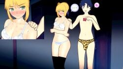 3d angry animal_print artoria_pendragon artoria_pendragon_(fate) bedroom blonde_hair condom condom_wrapper crossed_arms cuckold fate/stay_night fate_(series) grabbing_another's_arm green_eyes hickey imminent_cheating imminent_cuckold imminent_sex koikatsu laughing lordem matou_shinji netorare night saber shoulder_grab underwear white_underwear