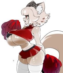 2023 amber_eyes anthro cat_ears cat_tail catgirl catmaid_(dizzyspells) cheerleader cheerleader_uniform dizzyspells ear_fluff female fluffy_tail highres huge_breasts midriff miniskirt navel pale_skin pom_poms shiny_skin skindentation slim_waist smile solo sweat thick_thighs thigh_squish thighhighs underboob white_hair wide_hips