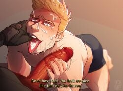 balls big_penis blonde_hair blue_eyes blush boner cocky cum cum_drip cum_in_mouth cum_on_face dickgate dripping_cum erection finger_in_mouth gabriel_reyes gay gay_sex jack_morrison kneeling lychgate male male_only mouth_hold mouth_open muscles muscular on_knees overwatch overwatch_2 penis reaper soldier_76 submissive_male text tongue tongue_out underwear verbal verbal_domination