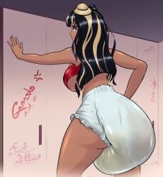 1girls back_view bathroom_stall beauty_mark big_breasts black_hair breasts dark-skinned_female dark_skin diaper female gannsho messy_diaper scat soiling solo two_tone_hair