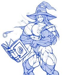 abs big_areola big_breasts big_muscles big_nipples blue_eyes blue_hair book breast_expansion missymuscle muscle_tone muscular_female nipple_bulge nipples nipples_expansion pecs_growth ripping_clothing witch witch_costume witch_hat