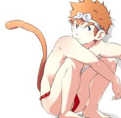 00s 1boy 2009 blue_eyes bulge fundoshi ge_(pixiv210783) lowres male male_only orange_hair pale_skin red_fundoshi simple_background solo squatting tagme tail white_background