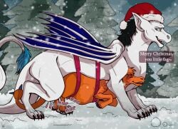 ambiguous_species anal balls_deep belly_riding big_belly big_dom_small_sub black_hair blue_eyes blue_wings bodily_fluids bound carrying_another chlupinek christmas christmas_clothing christmas_headwear closed_eyes clothing cum cum_inside cum_on_leg digital_media_(artwork) dominant dragon duo english_text feral forest forest_background fur genital_fluids hat headgear headwear hi_res holidays julis-rocks knot looking_pleasured male male/male nature nature_background onomatopoeia open_mouth orange_body orange_fur penetration plant profanity red_stripes restraints santa_hat sex sharpiethedergun signature size_difference snow snowing sound_effects speech_bubble stripes tail teeth text tree white_body wings