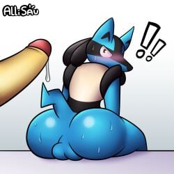 alliartist anthro anthro_only ass ass_focus black_fur black_skin blue_body blue_fur blue_skin blush cock dick gay hypno looking_back lucario male male_only nintendo pokemon pokemon_(species) precum red_eyes shiny_ass shiny_butt showing_ass sitting surprise surprised surprised_expression sweat sweatdrop sweaty_butt yellow_body yellow_fur yellow_skin