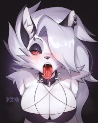 anthro anthro_only canid canid_demon canine demon ear_piercing fur goth hellhound helluva_boss ikstina loona_(helluva_boss) mammal piercing red_sclera tongue tongue_out white_body white_eyes white_fur