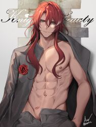 1boy abs argenti_(honkai:_star_rail) asaifrit cover_page gay happy_trail honkai:_star_rail kiss_mark long_hair male male_only muscular muscular_male pubic_hair red_hair rose solo undone_shirt unzipped_pants