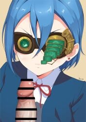 artist_name bar_censor blue_hair censored closed_mouth earrings female goggles hair_between_eyes highres jewelry love_live! love_live!_superstar!! parody penis school_uniform short_hair solo_focus spy_kids_2:_the_island_of_lost_dreams spy_kids_2_glasses string_tie unsfrau wakana_shiki yuigaoka_school_uniform