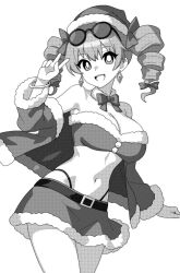 belt breasts cleavage commentary cowboy_shot drill_hair earrings eyewear_on_head female greyscale hat jewelry jo'on_yorigami large_breasts long_hair long_sleeves looking_at_viewer monochrome navel onkn_sxkn open_mouth round_eyewear santa_costume santa_hat simple_background skirt smile solo sunglasses touhou twin_drills twintails white_background yorigami_jo'on