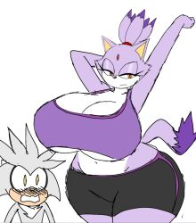 1boy 1girls 2023 anthro big_ass big_breasts blaze_the_cat boob_window clothed female fur furry huge_ass huge_breasts male mobian_(species) momiji_(artist) no_underwear pussy_window sega silver_the_hedgehog sonic_(series) sports_bra sportswear underboob